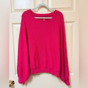 Free People Hot Pink Barbiecore Bobble Knit Crewneck Balloon Sleeve Sweater